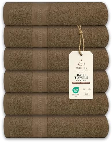 Bath Towels Pack of 6 – 24" x 48" – 100% Cotton Terry, Soft, Quick-Dry & Highly Absorbent – Chocolate Brown Towels for Bathroom, Spa, Gym, Hotel, Pool & Everyday Use