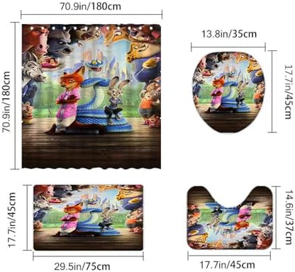 Cute Zotopia 2 Shower Curtain Set 4 Piece with Non-Slip Rugs, Toilet Lid Cover and Bath Mat Cartoon Bathroom Decor 72 x 72inch (Zotopia 2)
