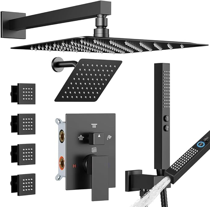 Shower Faucet Sets Matte Black Shower System,STARBATH 4 Way 12+6" Dual Head Shower Set Complete with 2 in 1 Handheld,Wall Mounted Rainfall Shower Head with 4 Body Spray Jets, Shower Jets System