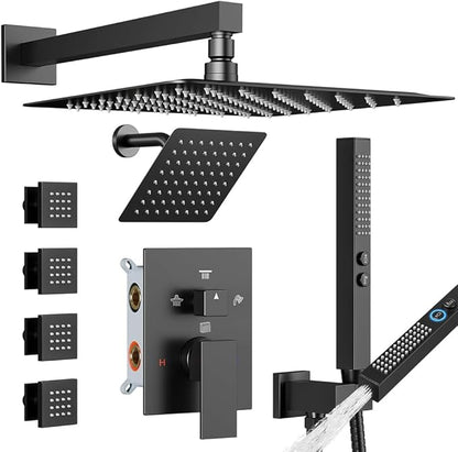 Shower Faucet Sets Matte Black Shower System,STARBATH 4 Way 12+6" Dual Head Shower Set Complete with 2 in 1 Handheld,Wall Mounted Rainfall Shower Head with 4 Body Spray Jets, Shower Jets System