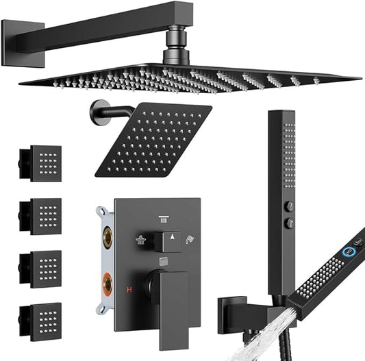 Shower Faucet Sets Matte Black Shower System,STARBATH 4 Way 12+6" Dual Head Shower Set Complete with 2 in 1 Handheld,Wall Mounted Rainfall Shower Head with 4 Body Spray Jets, Shower Jets System