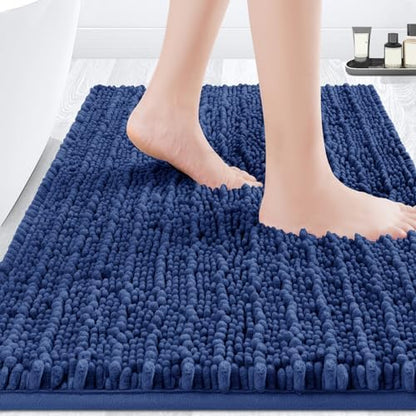 ACCUMTEK Upgrade Luxury Denim Blue Bathroom Rug Mat 32"x20", Ultra Soft Thick Absorbent Bath Mats, Non Slip Chenille Toilet Mat for Bathroom, Bedroom, Kitchen, Shower, Tub