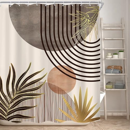 Mid Century Boho Abstract Gray Modern Brown Bathroom Shower Curtain Set