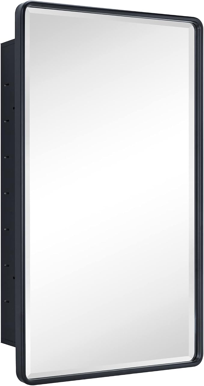 TEHOME Farmhouse Matt Black Recessed Bathroom Medicine Cabinet with Mirror Rounded Rectangle Metal Framed Medicine Cabinet with Beveled Mirror 21x34''