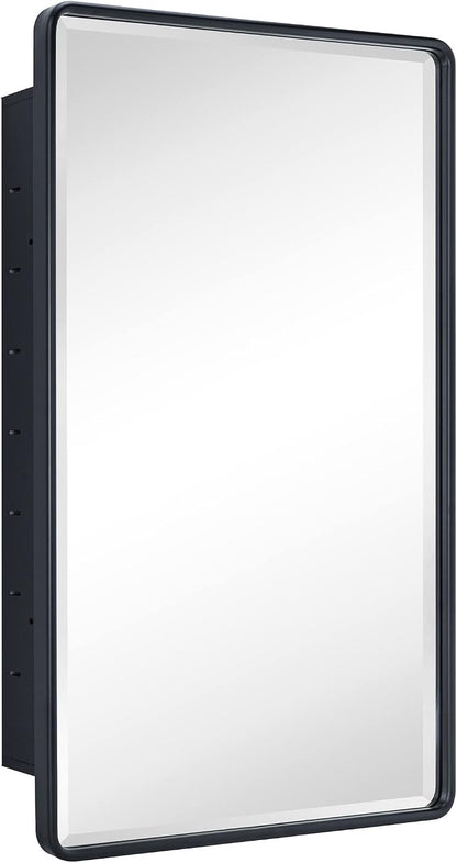 TEHOME Farmhouse Matt Black Recessed Bathroom Medicine Cabinet with Mirror Rounded Rectangle Metal Framed Medicine Cabinet with Beveled Mirror 21x34''