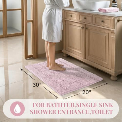 Bcoimo Bath Rug Mat,30x20 Chenille Non Slip Pink Bathroom Floor Shower Mats