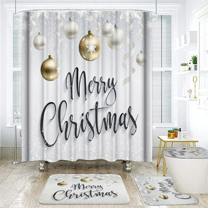 Onalasyc 4-Piece Christmas Shower Curtain Set,Golden Silver Xmas Ball Snowflake Holiday Waterproof Fabric Bathroom Shower Curtain Sets with Rugs,Cortina de baño de Navidad,with 12 Pcs Hooks