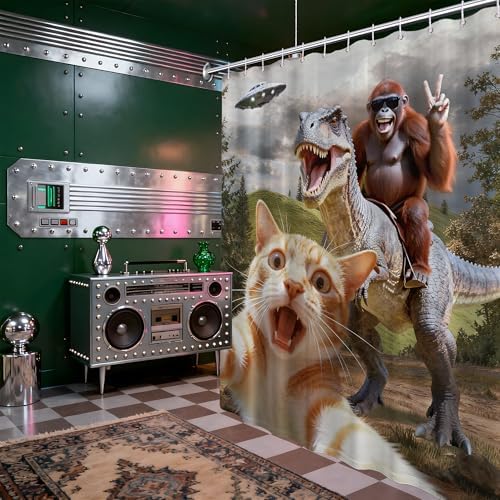 Small Stall Shower Curtain Rv Cat Riding Dinosaur, 48 x 72 Inchs