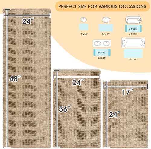 Upgrade Waffle Bath Mat Set 3 Piece, Boho Bathroom Rugs Absorbent Non Slip, Soft Bathroom Mats, Machine Washable Knit Bath Rugs with Herringbones for Bathroom, Bedroom, Kitchen, Shower, Tub, Beige