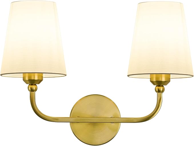 Bathroom Vanity Light, Brushed Gold Bathroom Lighting Fixtures Over Mirror | 2-Light Bathroom Light Fixtures with Flared White Fabric Shade, E26 Socket (ETL Listed)