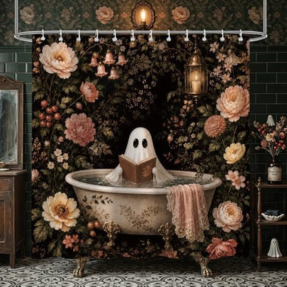 Ghost Shower Curtain 72 x 72 Inch, Waterproof Polyester Halloween Bathroom Curtain with 12 Plastic Hooks, Dark Floral Vintage Bathtub Bath Curtain for Tub Decor