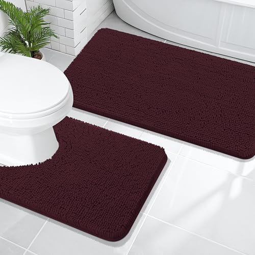 OLANLY Chenille Bathroom Rugs Sets 2 Piece, 47"x20"+24"x20", Black Cherry