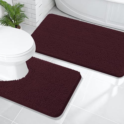 OLANLY Chenille Bathroom Rugs Sets 2 Piece, 47"x20"+24"x20", Black Cherry