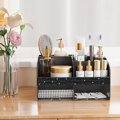 Bling Makeup Organizer with Drawers, Cosmetic Storage for Dresser Vanity and Bathroom Countertop, Beauty Holder for Lipstick Brush, Skincare Organizer for Vanity, Cosmetic Display Case Bling Black