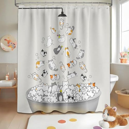 Cute Cat Shower Curtain Kids Animal Cartoon Bathroom Decor, Waterproof Cloth Fabric with Hooks 60" W x 72" L