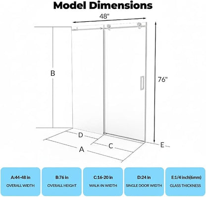 Frameless Sliding Shower Door, Adjustable 44"-48" Width x 76" Height, 6mm (1/4") SGCC Tempered Clear Glass with Easy-to-Clean Coating, Brushed Nickel Stainless Steel Top Rail, One Fixed One Sliding