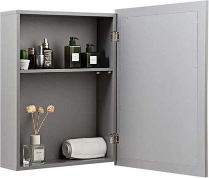 FUTADA Bathroom Medicine Cabinet with Mirror, Wall-Mounted Storage Organizer, Adjustable Shelf & Single Door, Modern Mirror Cabinet for Living Room, Bedroom, Hallway (Grey)
