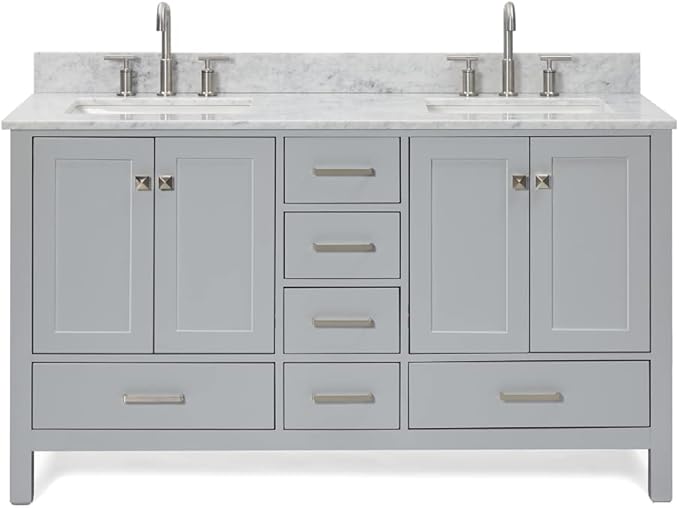 ARIEL Cambridge 60-inch Bathroom Vanity with Sink,Solid Wood, 0.75-inch Italian Carrara Marble Countertop, Double Rectangular Porcelain Sink, 4 Soft Closing Doors, 6 Dovetail Drawers, Grey