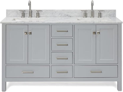 ARIEL Cambridge 60-inch Bathroom Vanity with Sink,Solid Wood, 0.75-inch Italian Carrara Marble Countertop, Double Rectangular Porcelain Sink, 4 Soft Closing Doors, 6 Dovetail Drawers, Grey