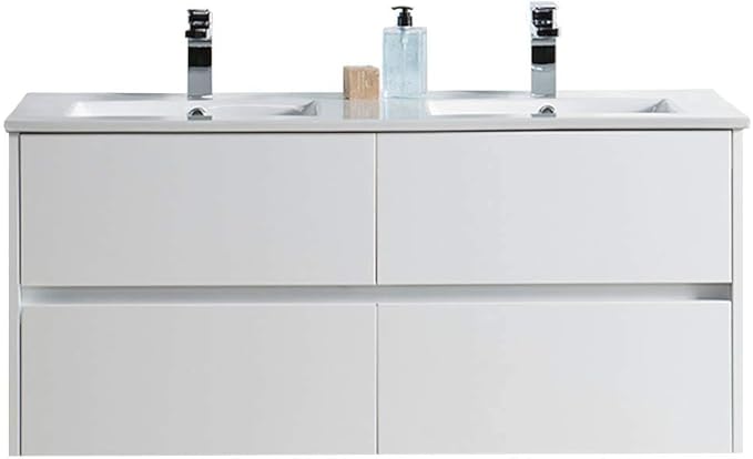 Blossom 48 Inch Double Bathroom Vanity Cabinet with Ceramic Sink, Wall Mounted Floating Vanity Cabinet, All Wood Bathroom Storage Organizer, Soft-Closing U-Shaped Cutout Drawers, Glossy White