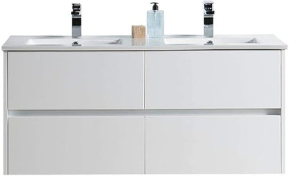 Blossom 48 Inch Double Bathroom Vanity Cabinet with Ceramic Sink, Wall Mounted Floating Vanity Cabinet, All Wood Bathroom Storage Organizer, Soft-Closing U-Shaped Cutout Drawers, Glossy White
