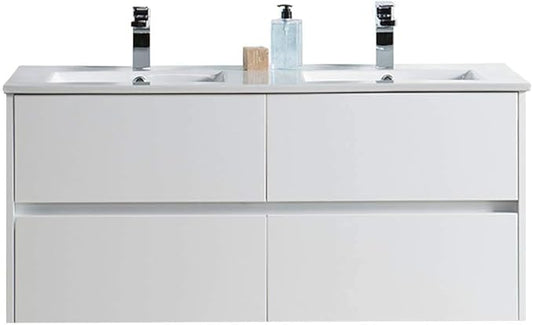 Blossom 48 Inch Double Bathroom Vanity Cabinet with Ceramic Sink, Wall Mounted Floating Vanity Cabinet, All Wood Bathroom Storage Organizer, Soft-Closing U-Shaped Cutout Drawers, Glossy White