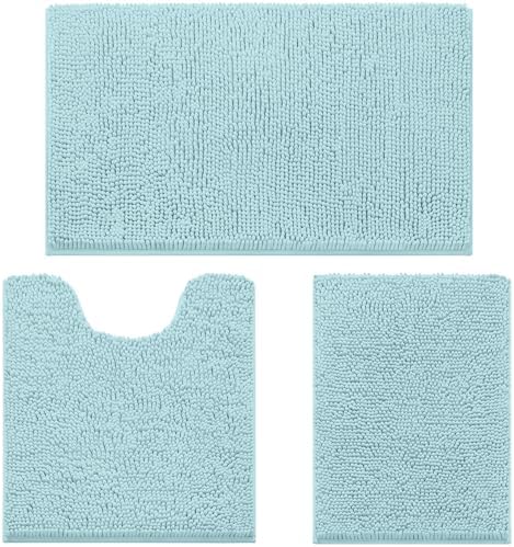 HOMEIDEAS Light Blue Chenille Bathroom Rugs Set of 3, Non Slip Bath Mat