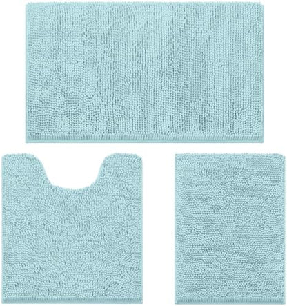 HOMEIDEAS Light Blue Chenille Bathroom Rugs Set of 3, Non Slip Bath Mat