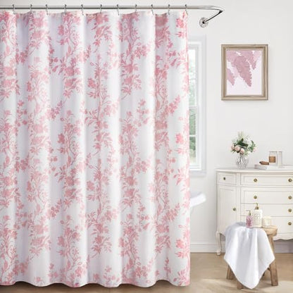 Pink Floral Shower Curtain,Vintage Cotton Cottagecore Shower Curtains for Bathroom, 72" W x 84" L