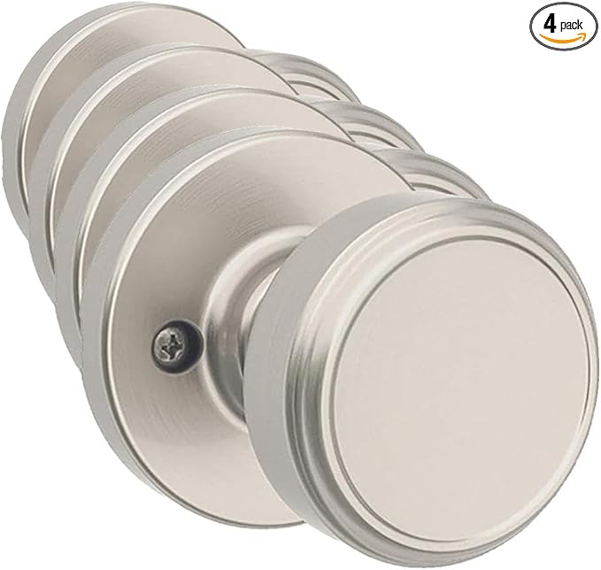 Kwikset Maven Interior Passage Door Knob, Handle for Closet and Hallway Doors, Round Non-Locking Doorknob in Satin Nickel, with Microban Protection (Pack of 4)