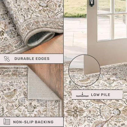 Hazo Haus Boho 2x7 Long Bathroom Runner Rug - Vintage Moss Floral Runner Rug for Kitchen Floor, Hallway, Laundry Room, Bedroom, Entrance, Washable Non Slip Low Pile