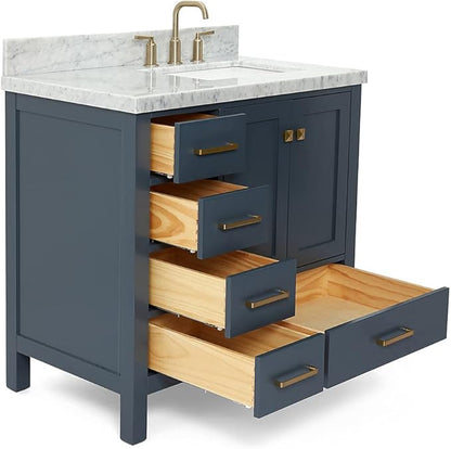 ARIEL Cambridge 36-inch Bathroom Vanity with Sink,Solid Wood, 1.5-inch Italian Carrara Marble Countertop, Single Rectangular Porcelain Sink, 2 Soft Closing Doors, 5 Dovetail Drawers, Midnight Blue