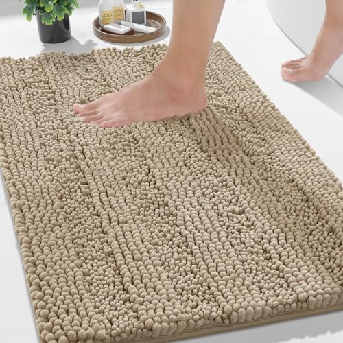 Yimobra Bathroom Rug Mat, Non Slip and Super Absorbent Bath Mat, Machine Washable Quick Dry, Ultra Plush Chenille Shower Rugs for Bathroom Floor Sink Tub and Shower Outside, Camel， 24 x 17