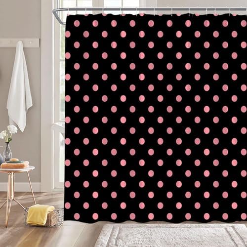 Polka Dot Shower Curtain Pink Spot Black Retro Vintage Fabric Decorative Bathroom Curtains with Hooks,75" Wx70 H