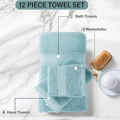 HILLFAIR Premium 100% Combed Cotton 12 Piece Bath Towels Set - Ocean Blue