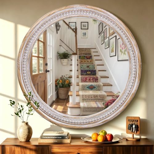 36 Inch Rustic Farmhouse Round Mirrors for Wall Decor, Wooden Circle Mirror