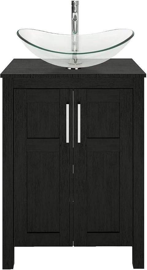 YOURLITE 24 Inches Traditional Bathroom Vanity Set with Single Faucet Hole, Clear Boat Glass Sink, Black Finish, 2-Door Cabinet
