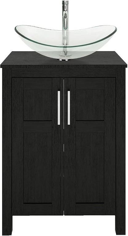 YOURLITE 24 Inches Traditional Bathroom Vanity Set with Single Faucet Hole, Clear Boat Glass Sink, Black Finish, 2-Door Cabinet