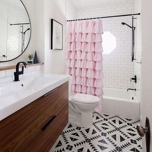 Volens Pink Ruffle Shower Curtain Farmhouse Rustic Fabric Cloth Shower Curtains for Bathroom, 72" x 72"