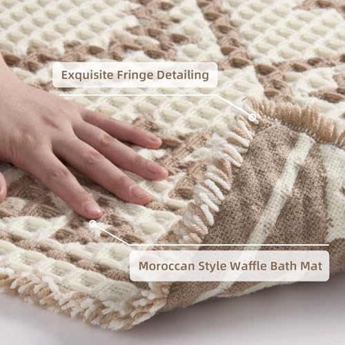 PADOOR-Waffle Bath Mat-Super Absorbent Bath Mats for Bathroom, Machine Washable Non Slip Bathroom Rug with Tassels, Soft Bathroom Mat for Laundry Room, Bedroom,Cream & Brown 17"x28"