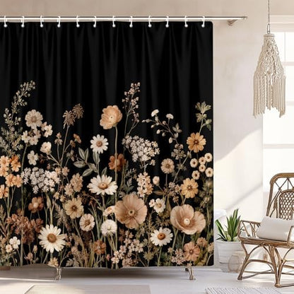Black Floral Shower Curtain Set with Hooks 72X72, Rustic Wildflower Botanical Daisy Fabric Bath Curtain, Dark Vintage Farmhouse Boho Bathroom Decor, Waterproof Polyester Shower Curtains