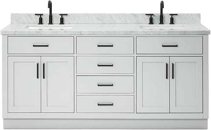 ARIEL Hepburn 72-inch Bathroom Vanity with Sink,Solid Wood, 1.5-inch Italian Carrara Marble Countertop, Double Rectangular Porcelain Sink, 4 Soft Closing Doors, 6 Dovetail Drawers, Grey