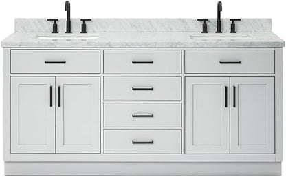 ARIEL Hepburn 72-inch Bathroom Vanity with Sink,Solid Wood, 1.5-inch Italian Carrara Marble Countertop, Double Rectangular Porcelain Sink, 4 Soft Closing Doors, 6 Dovetail Drawers, Grey