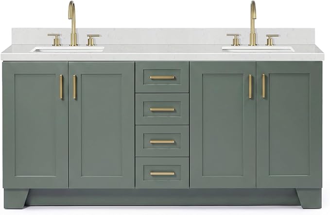 ARIEL Taylor 72-inch Bathroom Vanity with Sink,Solid Wood, 1.5-inch Carrara White Quartz Countertop, Double Rectangular Porcelain Sink, Soft Closing Doors, Dovetail Drawers, Vintage Green