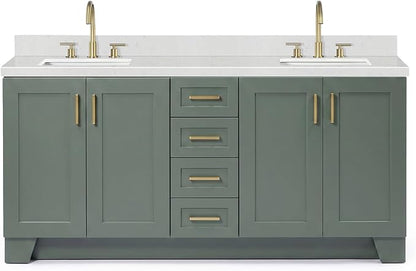 ARIEL Taylor 72-inch Bathroom Vanity with Sink,Solid Wood, 1.5-inch Carrara White Quartz Countertop, Double Rectangular Porcelain Sink, Soft Closing Doors, Dovetail Drawers, Vintage Green
