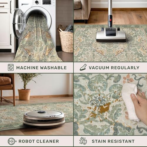Hazo Haus Washable Living Room Rug 7x10 - Sage Floral Rugs for Bedroom, Vintage Bird Patterned Dining Room Kitchen Table Rug for Under Table, Stain Resistant Non-Slip