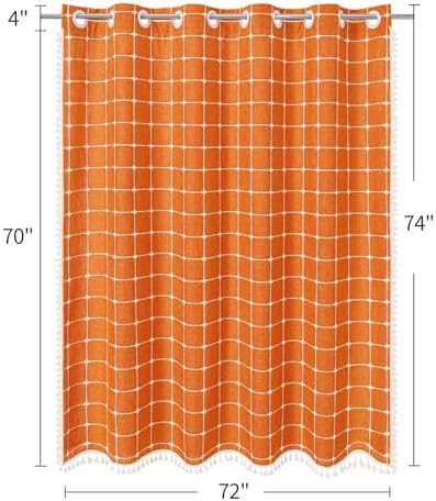 MitoVilla No Hooks Needed Orange Boho Shower Curtain with Snap-in Liner, Farmhouse Cotton Linen Fabric Shower Curtains with Tassels for Rustic Neutral Bathroom Decor, Burnt Orange, 72 x 74