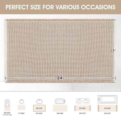 Upgraded Waffle Bath Mat, 24"x17" Brown & Cream, Super Absorbent Non-Slip Quick Dry Bathroom Rugs with Tassels, Machine Washable Ultra Soft Boho Bath Rugs for Floor, Toilet Mats Boho Farmhouse Decor