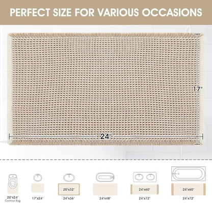 Upgraded Waffle Bath Mat, 24"x17" Brown & Cream, Super Absorbent Non-Slip Quick Dry Bathroom Rugs with Tassels, Machine Washable Ultra Soft Boho Bath Rugs for Floor, Toilet Mats Boho Farmhouse Decor