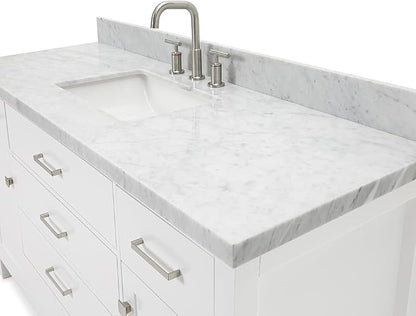 Alenza 60 Inch Bathroom Vanity Single Sink — White Bathroom Vanity with Sink, 1.5" Edge Italian Carrara Marble Countertop & Backsplash, 2 Soft-Close Doors, 5 Dovetail Drawers